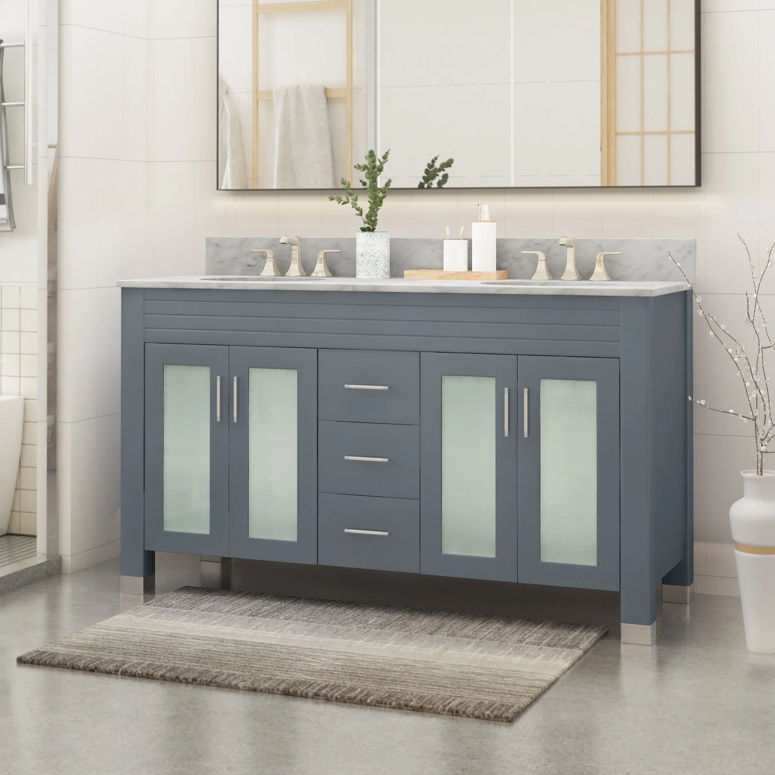 60" Wood Double Sink Bathroom Vanity with Marble Counter Top with Carrara White Marble - NH619703