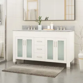 60" Wood Double Sink Bathroom Vanity with Marble Counter Top with Carrara White Marble - NH619703