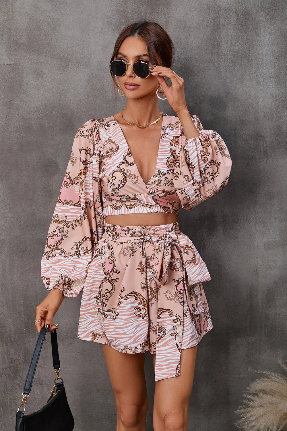 BerriesJam - 2024 Print Lace-up Sexy Long-sleeve Jumpsuit Set