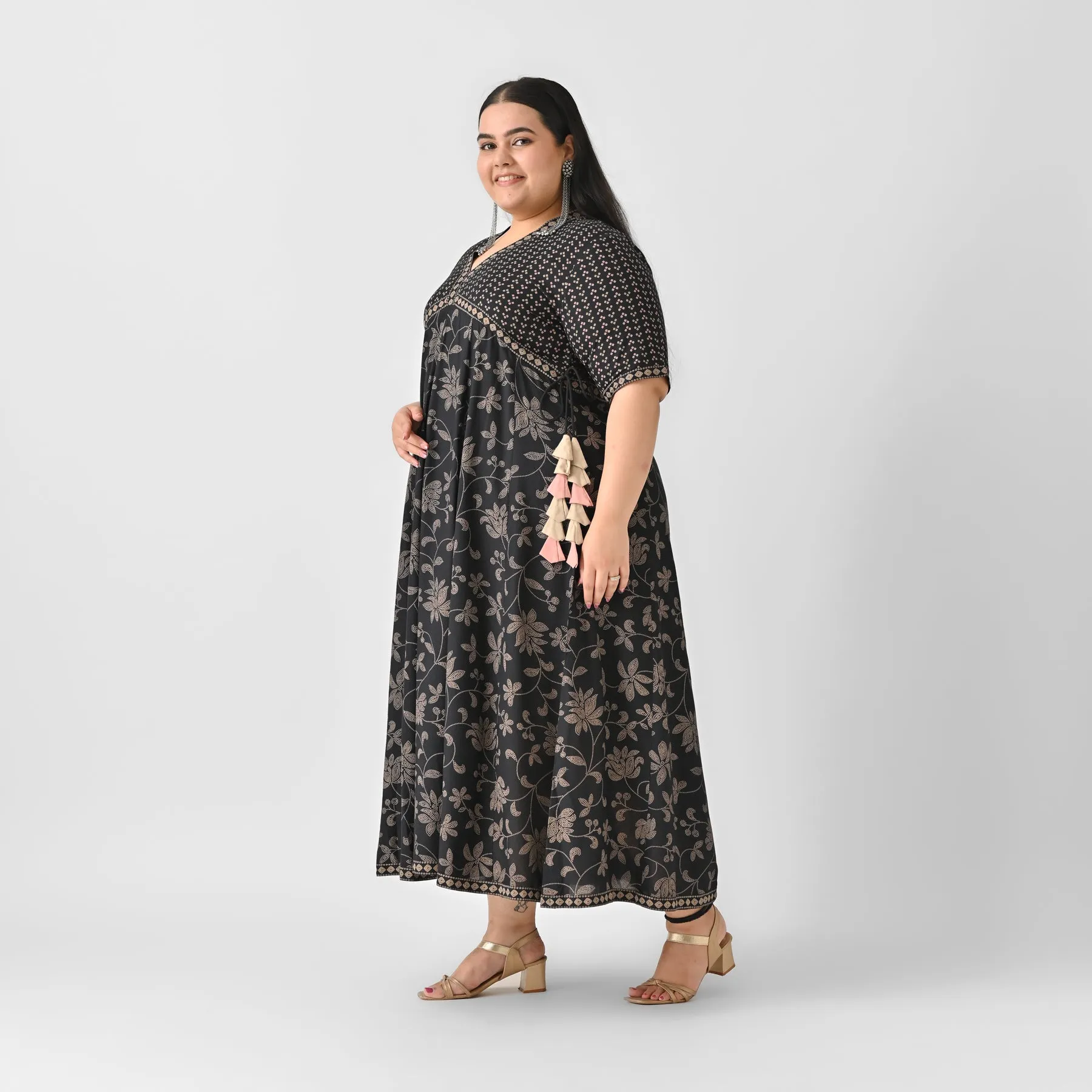 Black Bandhani Inspired Floral Dress - SOM