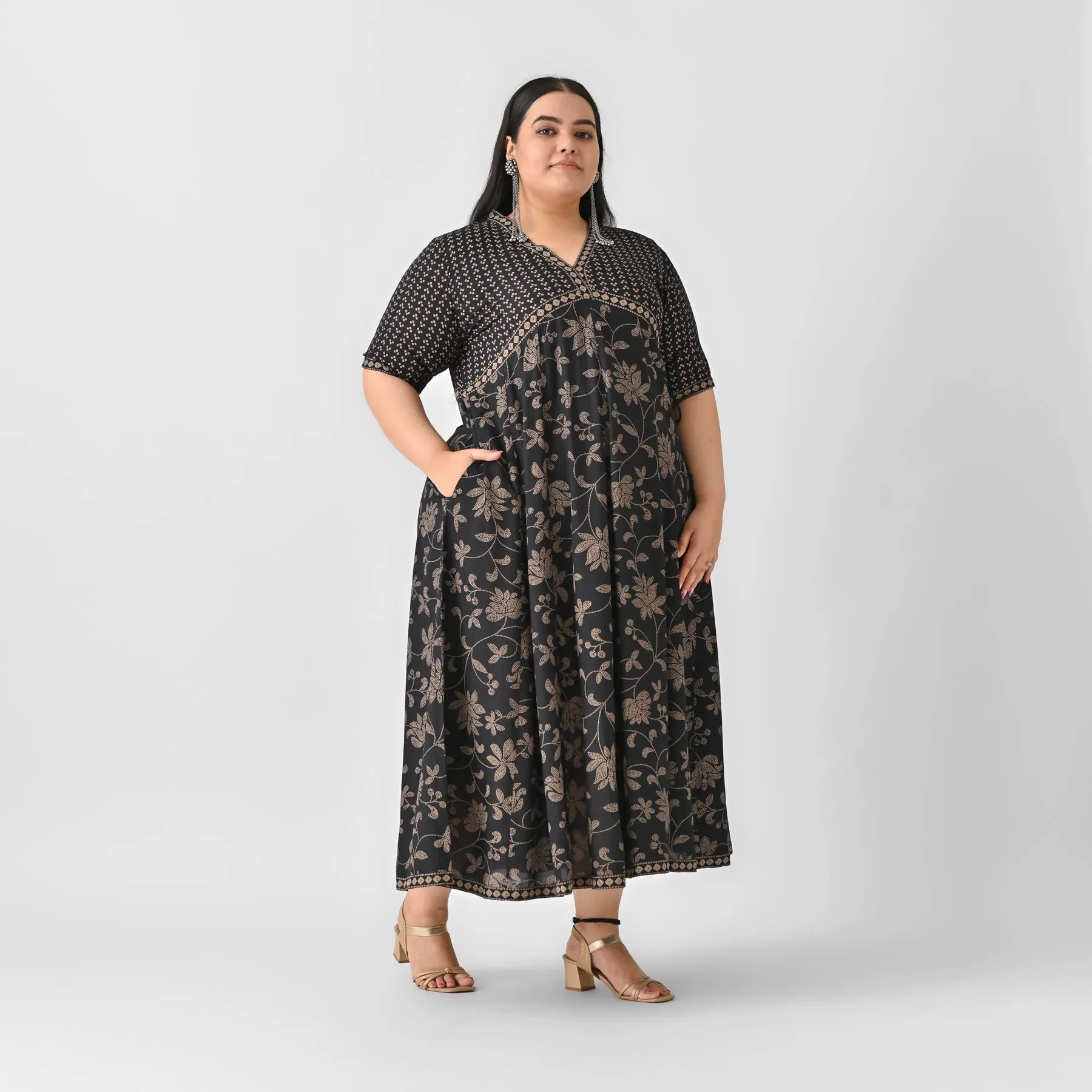 Black Bandhani Inspired Floral Dress - SOM
