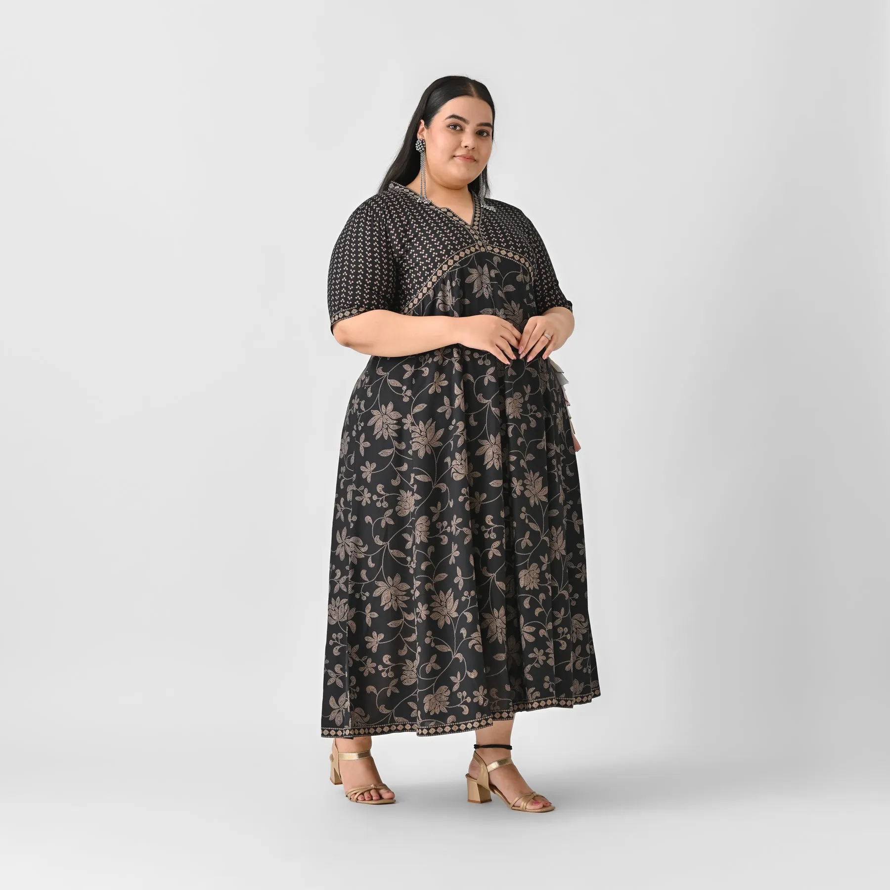 Black Bandhani Inspired Floral Dress - SOM