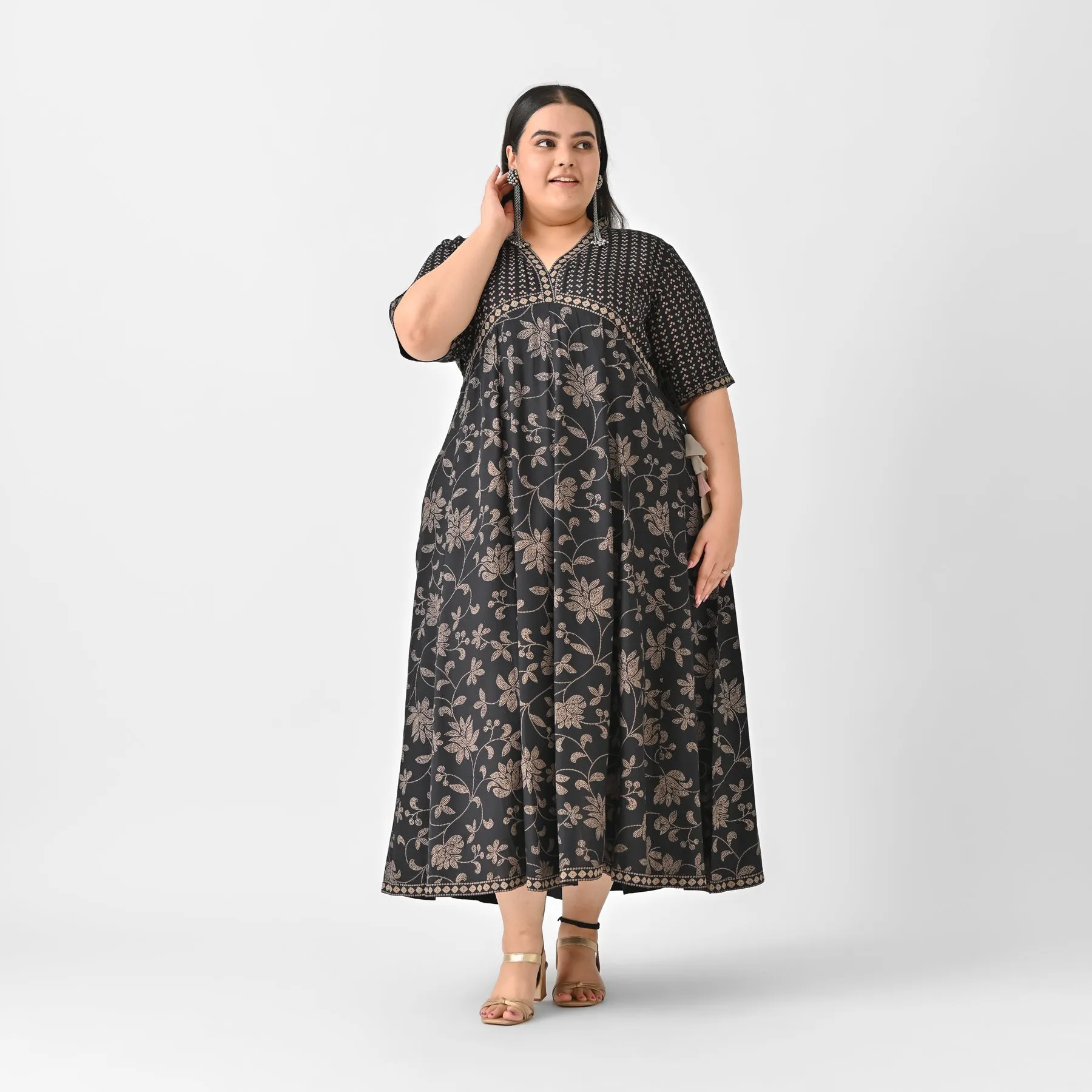 Black Bandhani Inspired Floral Dress - SOM
