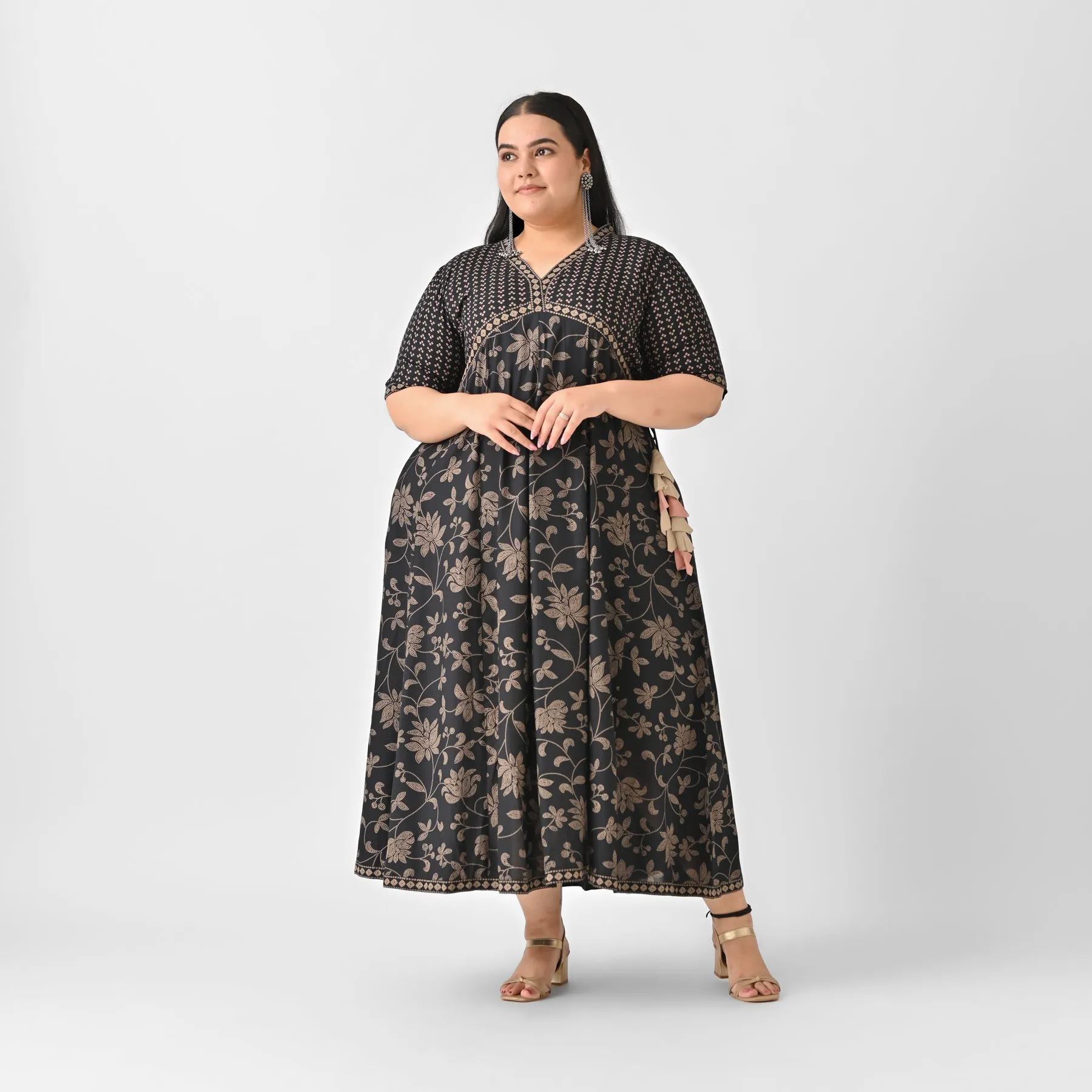 Black Bandhani Inspired Floral Dress - SOM