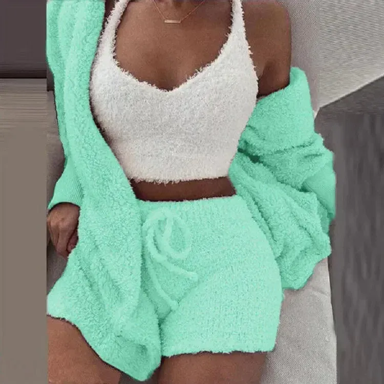 Cozy Knit 3 Pieces Set Fluffy Pajamas Women Casual Sleepwear Tank Top and Shorts Plus Size Hoodie Leisure Homsuit Winter Pijamas