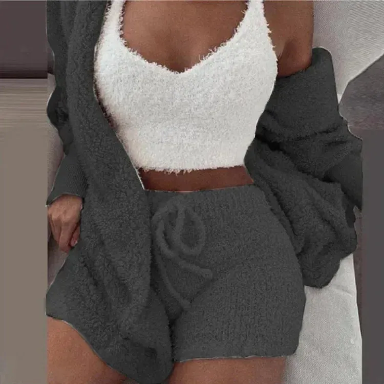 Cozy Knit 3 Pieces Set Fluffy Pajamas Women Casual Sleepwear Tank Top and Shorts Plus Size Hoodie Leisure Homsuit Winter Pijamas