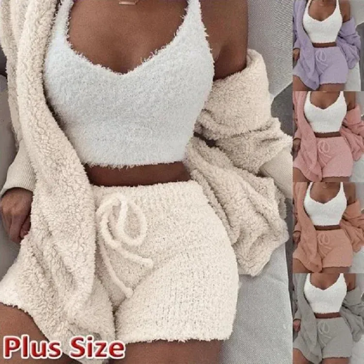 Cozy Knit 3 Pieces Set Fluffy Pajamas Women Casual Sleepwear Tank Top and Shorts Plus Size Hoodie Leisure Homsuit Winter Pijamas