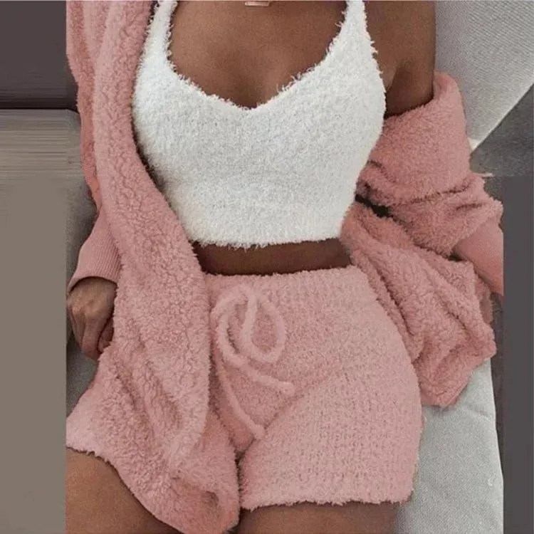 Cozy Knit 3 Pieces Set Fluffy Pajamas Women Casual Sleepwear Tank Top and Shorts Plus Size Hoodie Leisure Homsuit Winter Pijamas