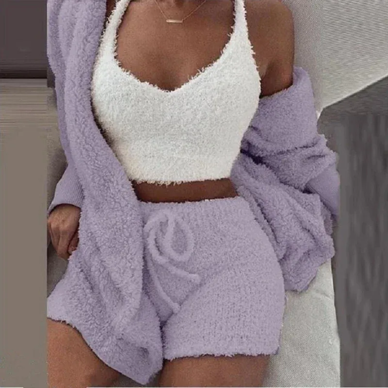 Cozy Knit 3 Pieces Set Fluffy Pajamas Women Casual Sleepwear Tank Top and Shorts Plus Size Hoodie Leisure Homsuit Winter Pijamas