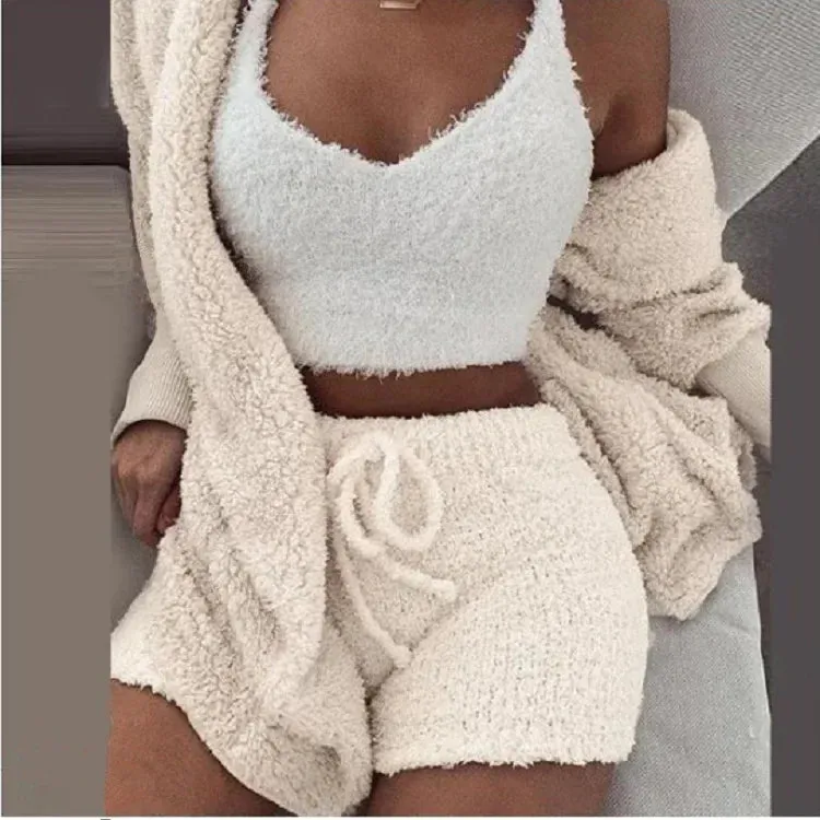 Cozy Knit 3 Pieces Set Fluffy Pajamas Women Casual Sleepwear Tank Top and Shorts Plus Size Hoodie Leisure Homsuit Winter Pijamas