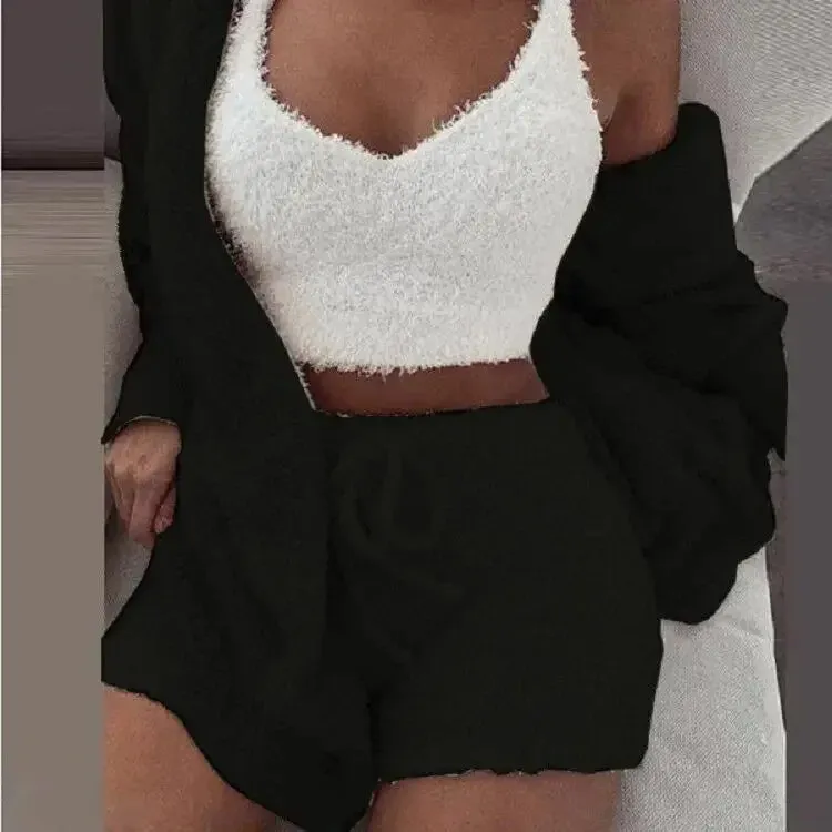 Cozy Knit 3 Pieces Set Fluffy Pajamas Women Casual Sleepwear Tank Top and Shorts Plus Size Hoodie Leisure Homsuit Winter Pijamas