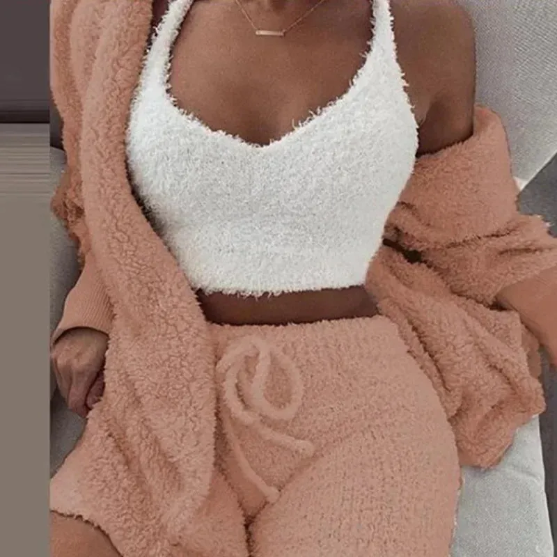Cozy Knit 3 Pieces Set Fluffy Pajamas Women Casual Sleepwear Tank Top and Shorts Plus Size Hoodie Leisure Homsuit Winter Pijamas