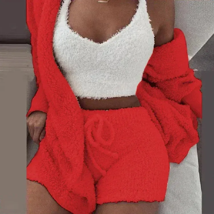 Cozy Knit 3 Pieces Set Fluffy Pajamas Women Casual Sleepwear Tank Top and Shorts Plus Size Hoodie Leisure Homsuit Winter Pijamas
