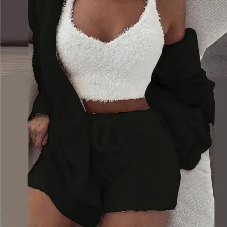 Cozy Knit 3 Pieces Set Fluffy Pajamas Women Casual Sleepwear Tank Top and Shorts Plus Size Hoodie Leisure Homsuit Winter Pijamas