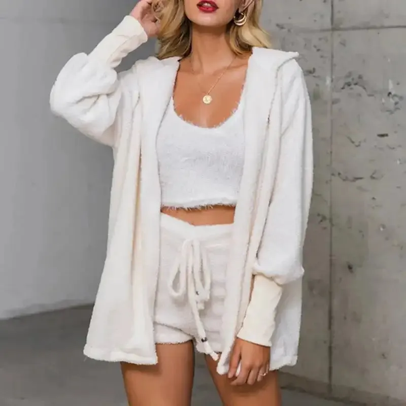 Cozy Knit 3 Pieces Set Fluffy Pajamas Women Casual Sleepwear Tank Top and Shorts Plus Size Hoodie Leisure Homsuit Winter Pijamas