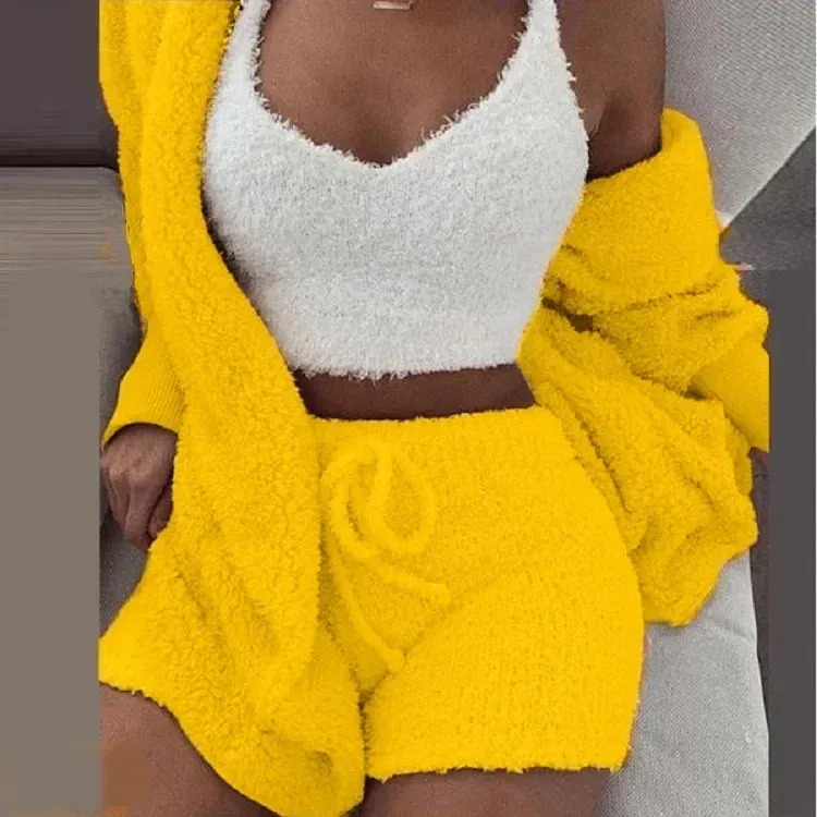 Cozy Knit 3 Pieces Set Fluffy Pajamas Women Casual Sleepwear Tank Top and Shorts Plus Size Hoodie Leisure Homsuit Winter Pijamas