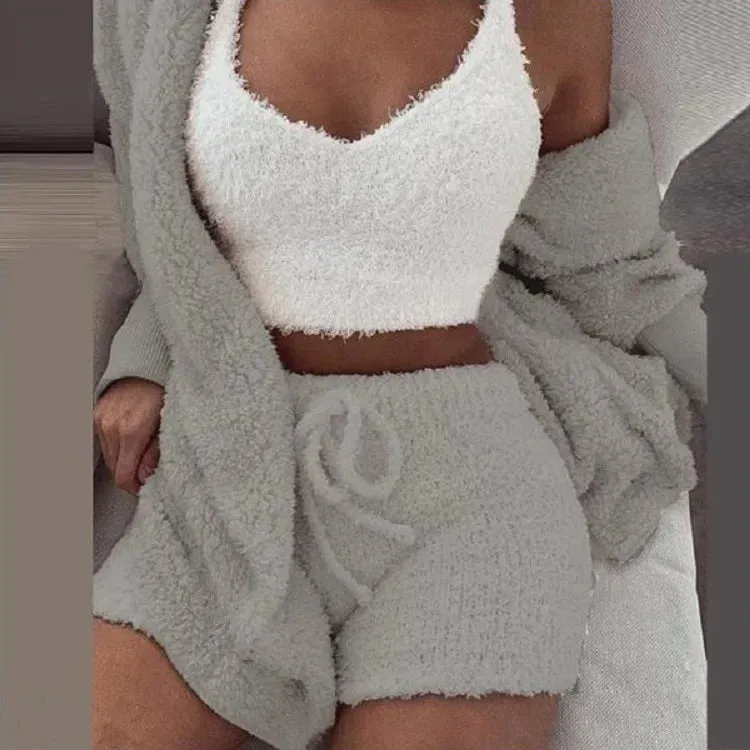 Cozy Knit 3 Pieces Set Fluffy Pajamas Women Casual Sleepwear Tank Top and Shorts Plus Size Hoodie Leisure Homsuit Winter Pijamas