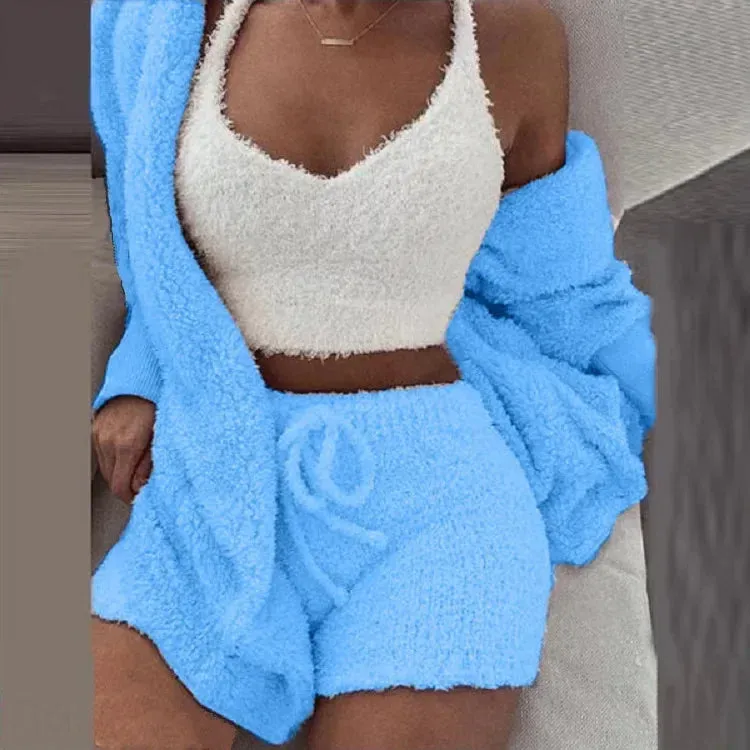 Cozy Knit 3 Pieces Set Fluffy Pajamas Women Casual Sleepwear Tank Top and Shorts Plus Size Hoodie Leisure Homsuit Winter Pijamas