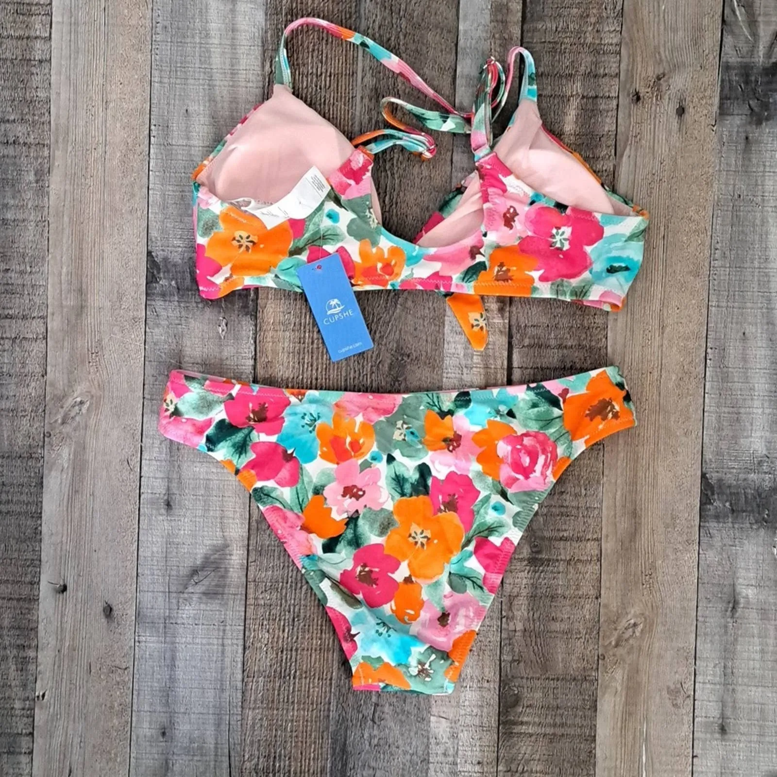 CUPSHE Two Piece Swim Bikini Set Floral Print Knot Bunny Tie Medium