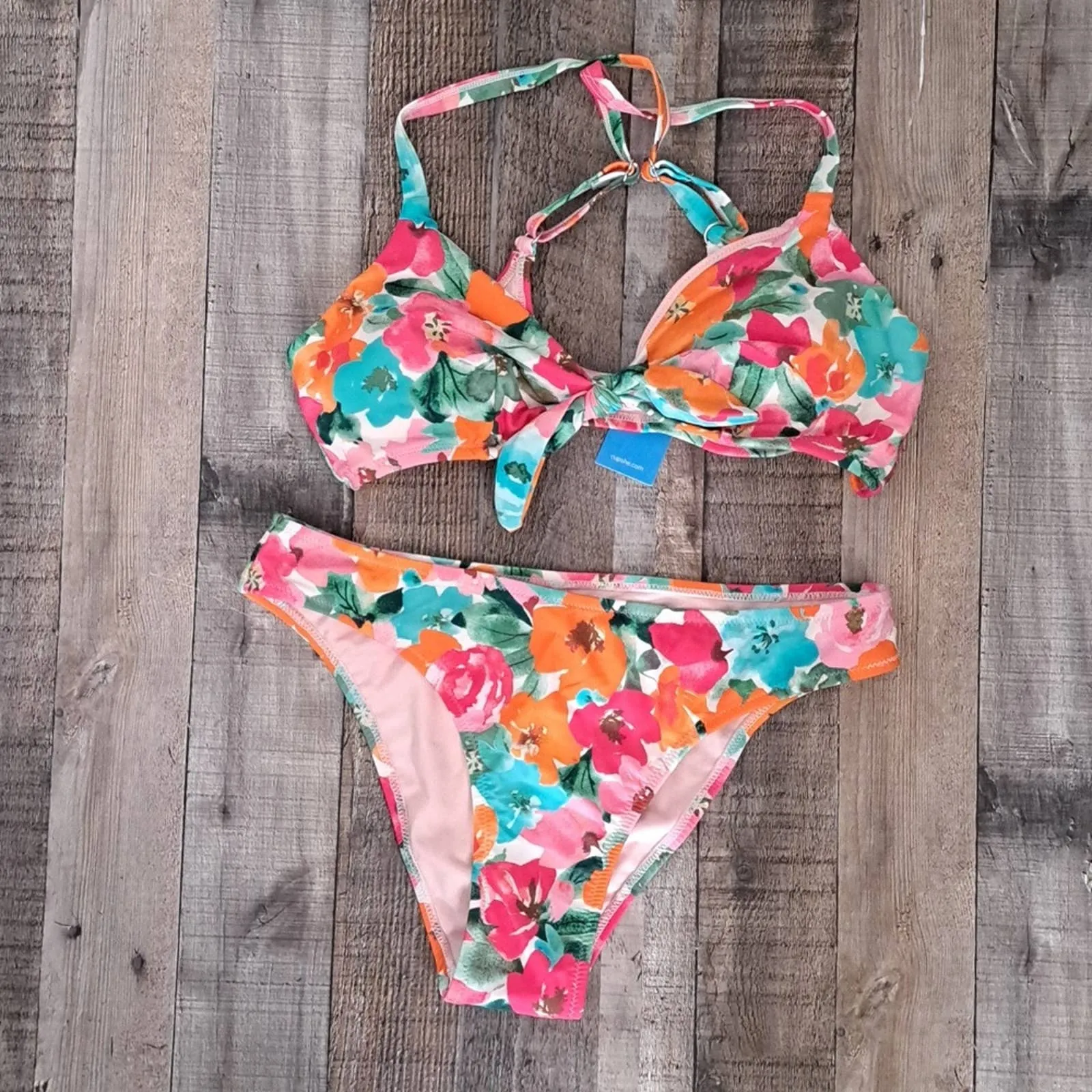 CUPSHE Two Piece Swim Bikini Set Floral Print Knot Bunny Tie Medium