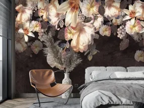 Dark floral wallpaper peel and stick wall mural, peony wall mural, flowers wallpaper for bedroom, living room