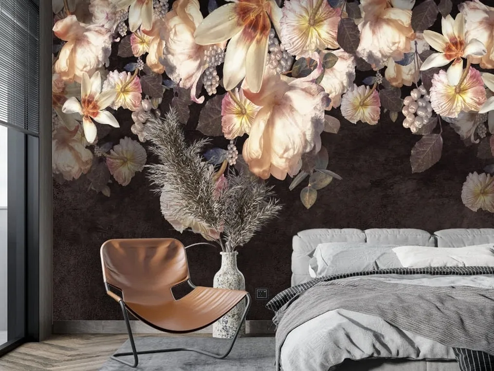 Dark floral wallpaper peel and stick wall mural, peony wall mural, flowers wallpaper for bedroom, living room