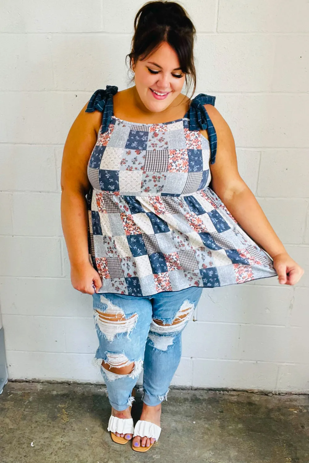 Denim Patchwork Babydoll Shoulder Tie Top (Open Pack)