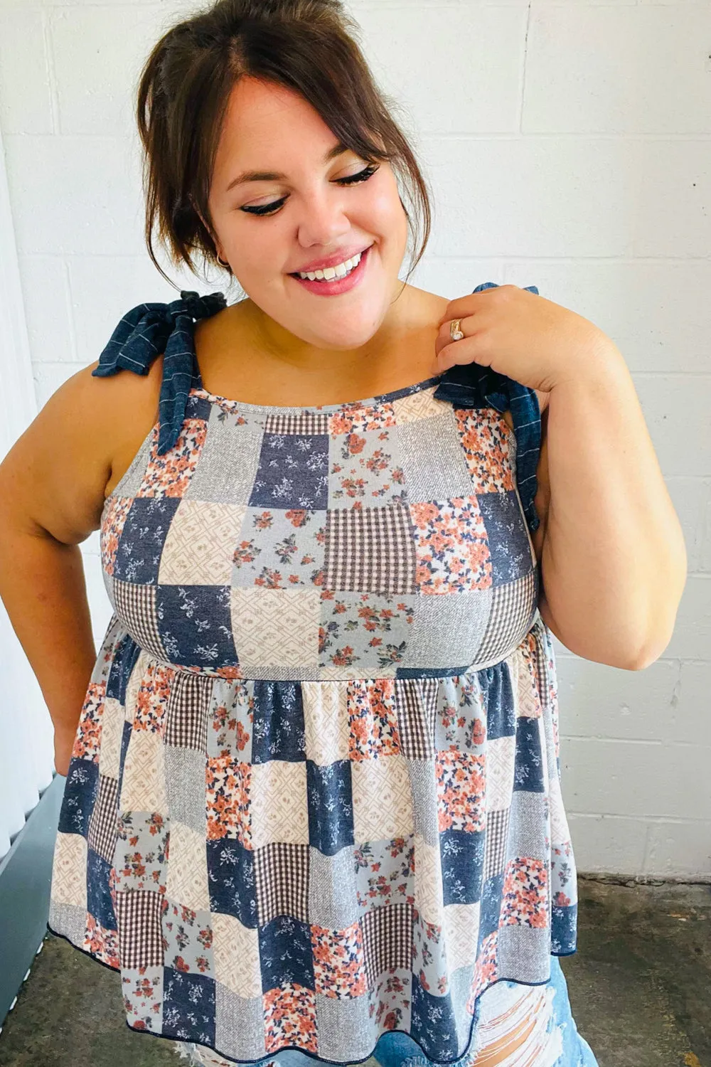 Denim Patchwork Babydoll Shoulder Tie Top (Open Pack)