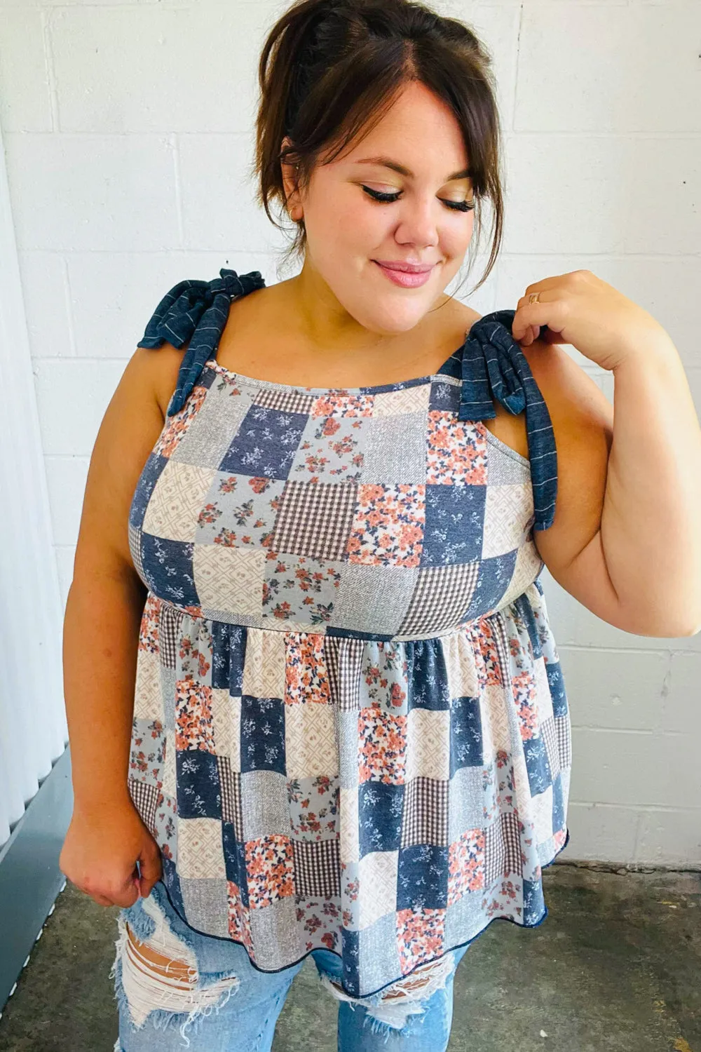 Denim Patchwork Babydoll Shoulder Tie Top (Open Pack)