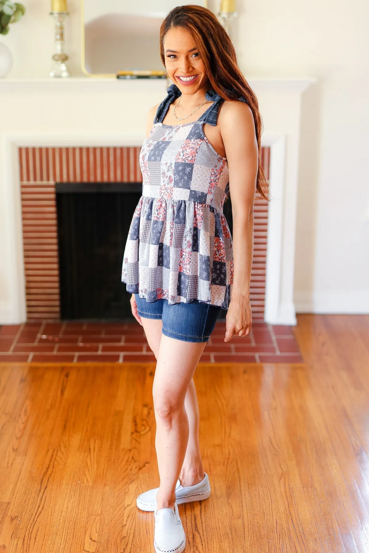 Denim Patchwork Babydoll Shoulder Tie Top (Open Pack)