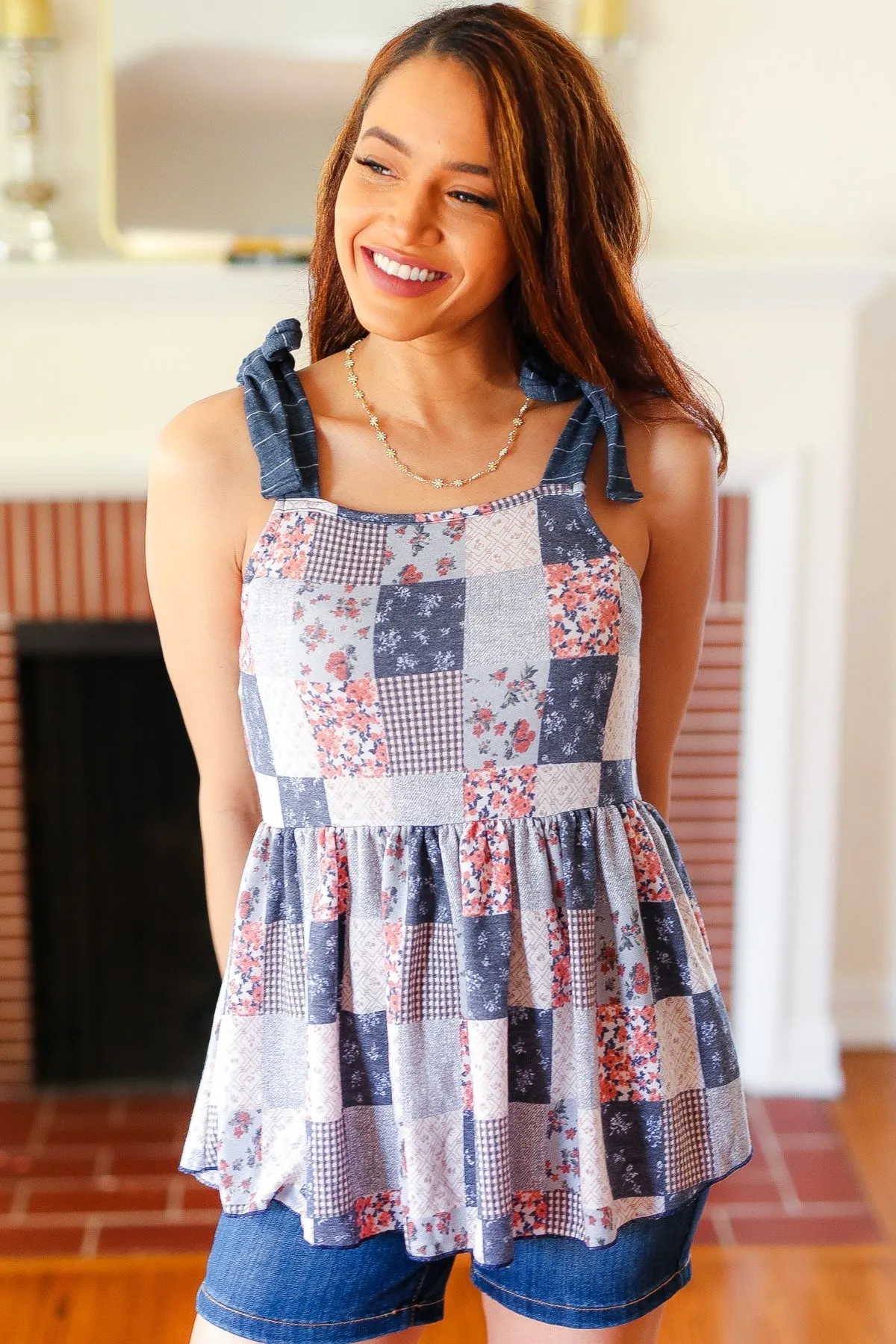 Denim Patchwork Babydoll Shoulder Tie Top (Open Pack)