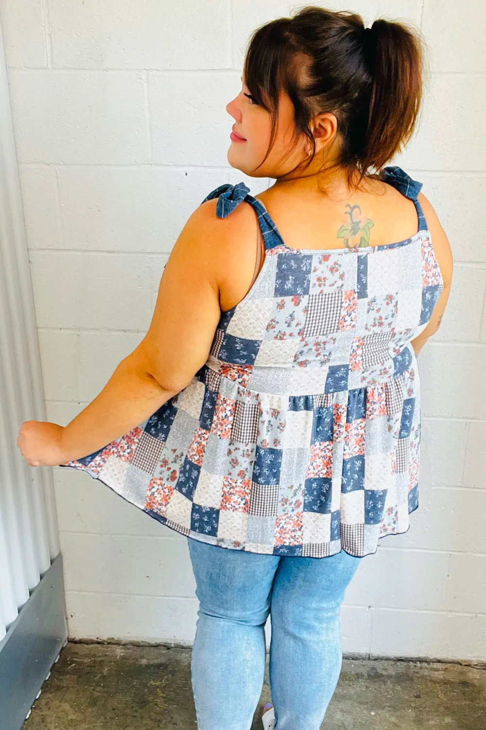 Denim Patchwork Babydoll Shoulder Tie Top (Open Pack)