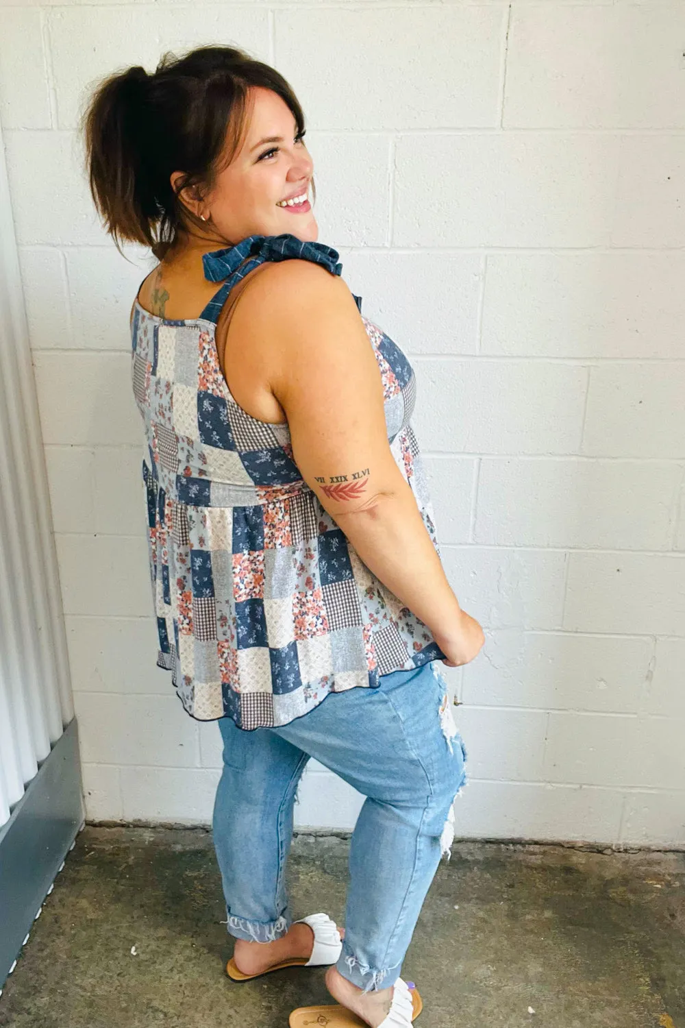 Denim Patchwork Babydoll Shoulder Tie Top (Open Pack)