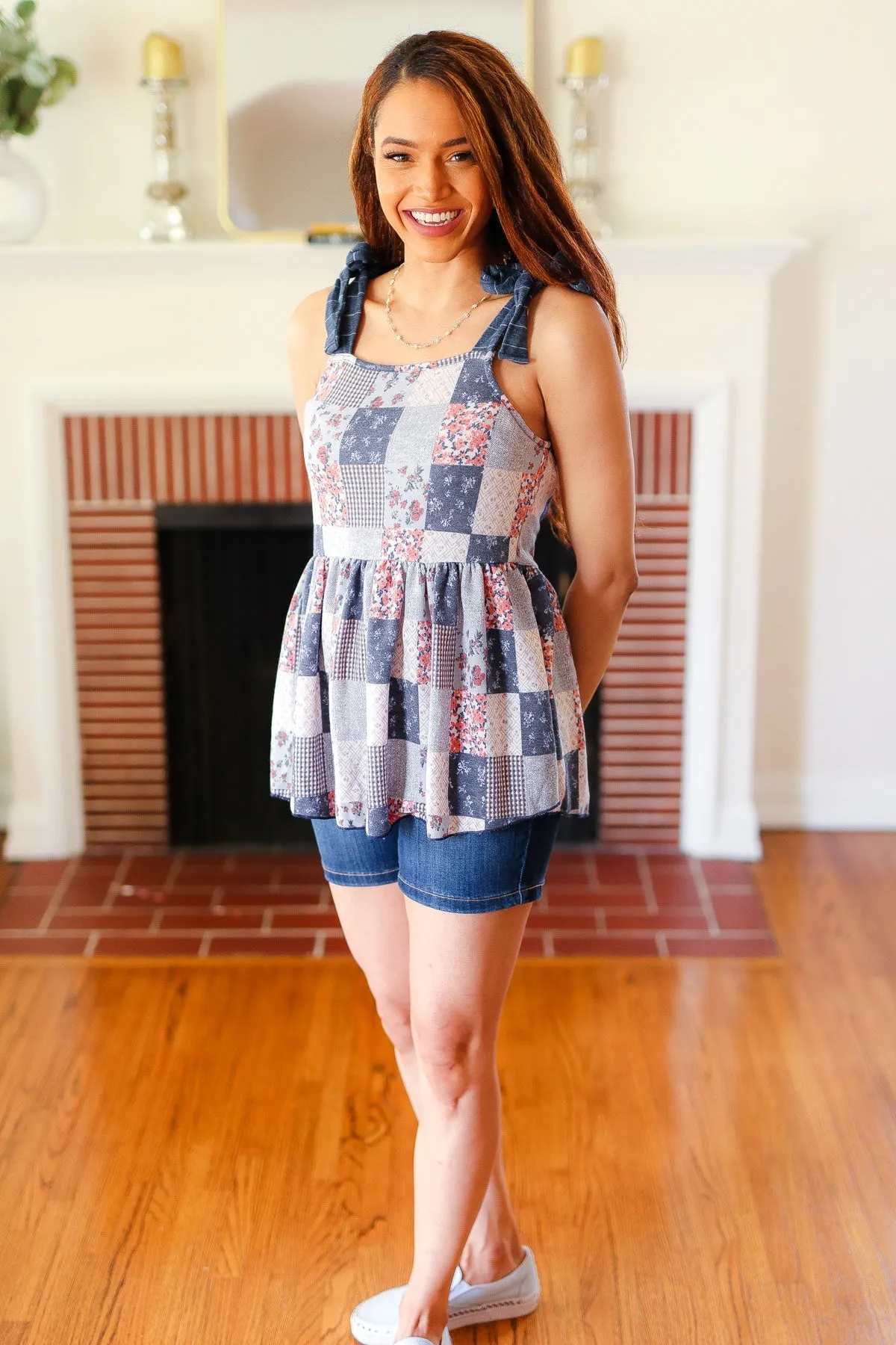 Denim Patchwork Babydoll Shoulder Tie Top (Open Pack)