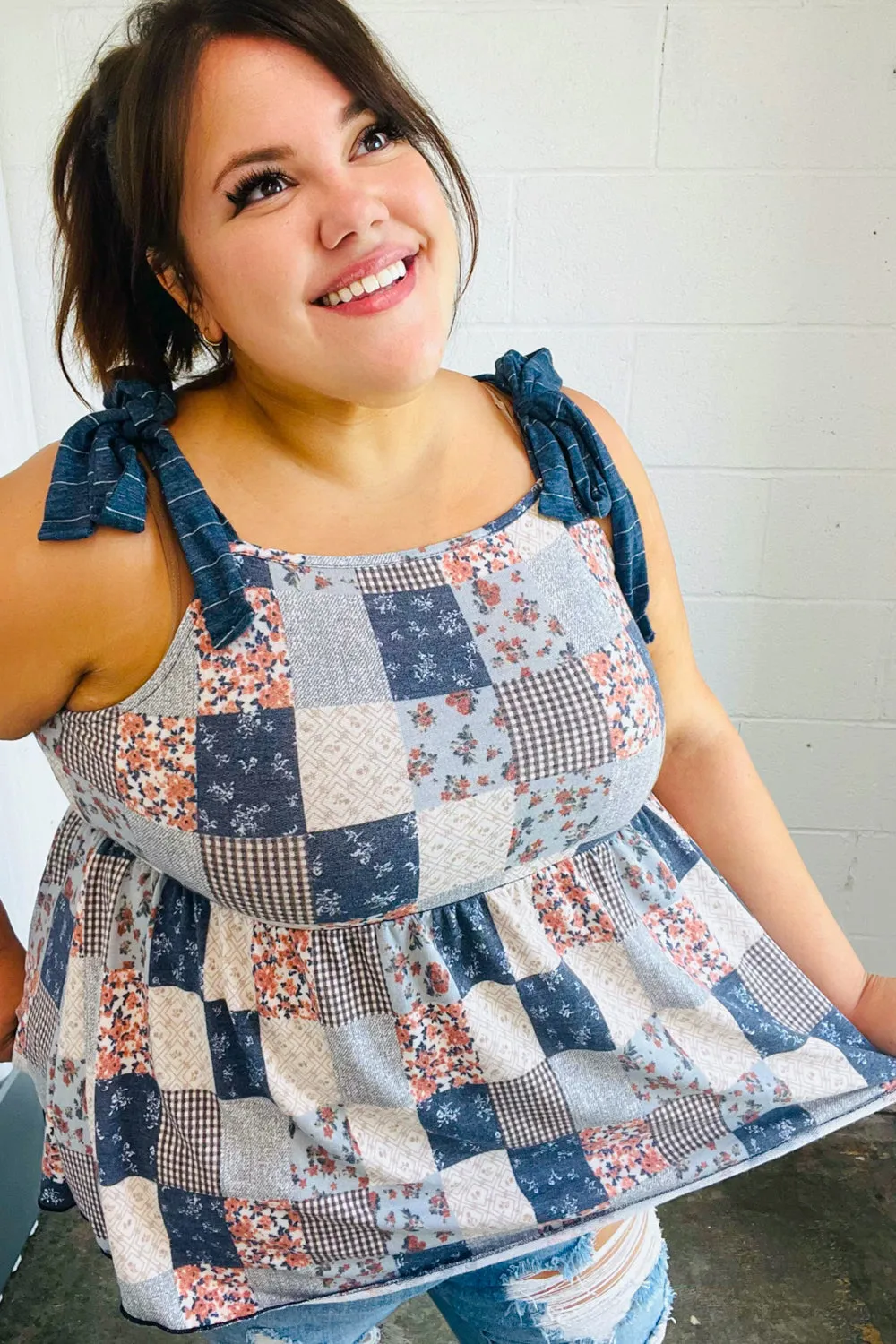 Denim Patchwork Babydoll Shoulder Tie Top (Open Pack)