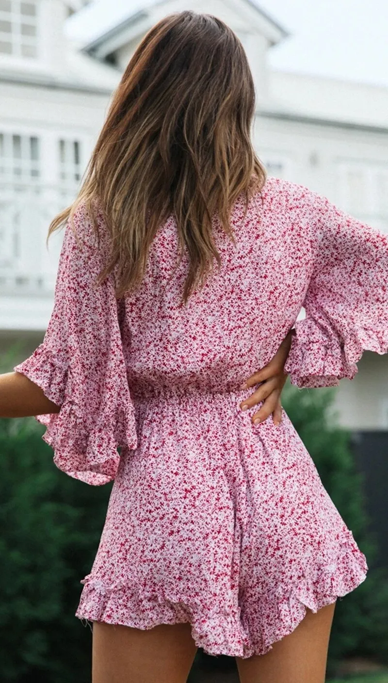 DressBetty - Floral Ruffles Loose V-Neck Romper
