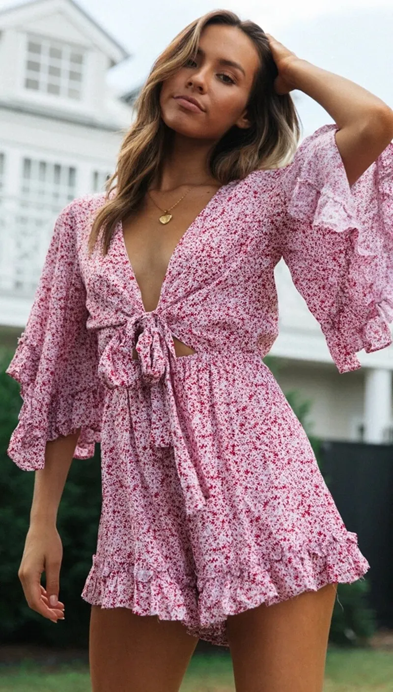 DressBetty - Floral Ruffles Loose V-Neck Romper