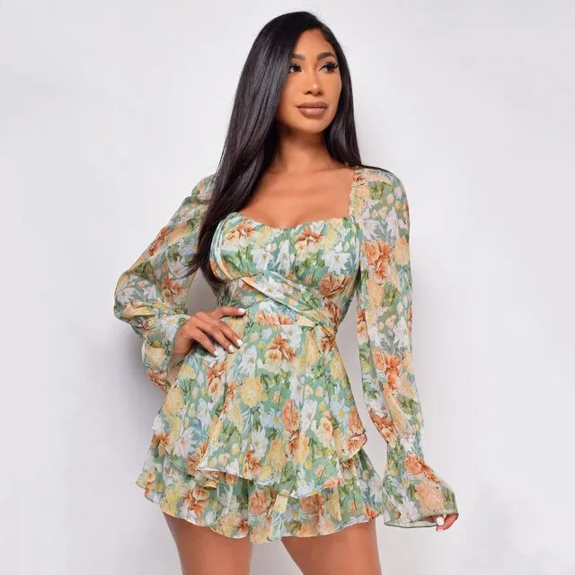 DressBetty - Floral Square Neck Ruffle Romper