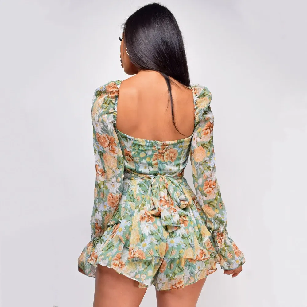 DressBetty - Floral Square Neck Ruffle Romper
