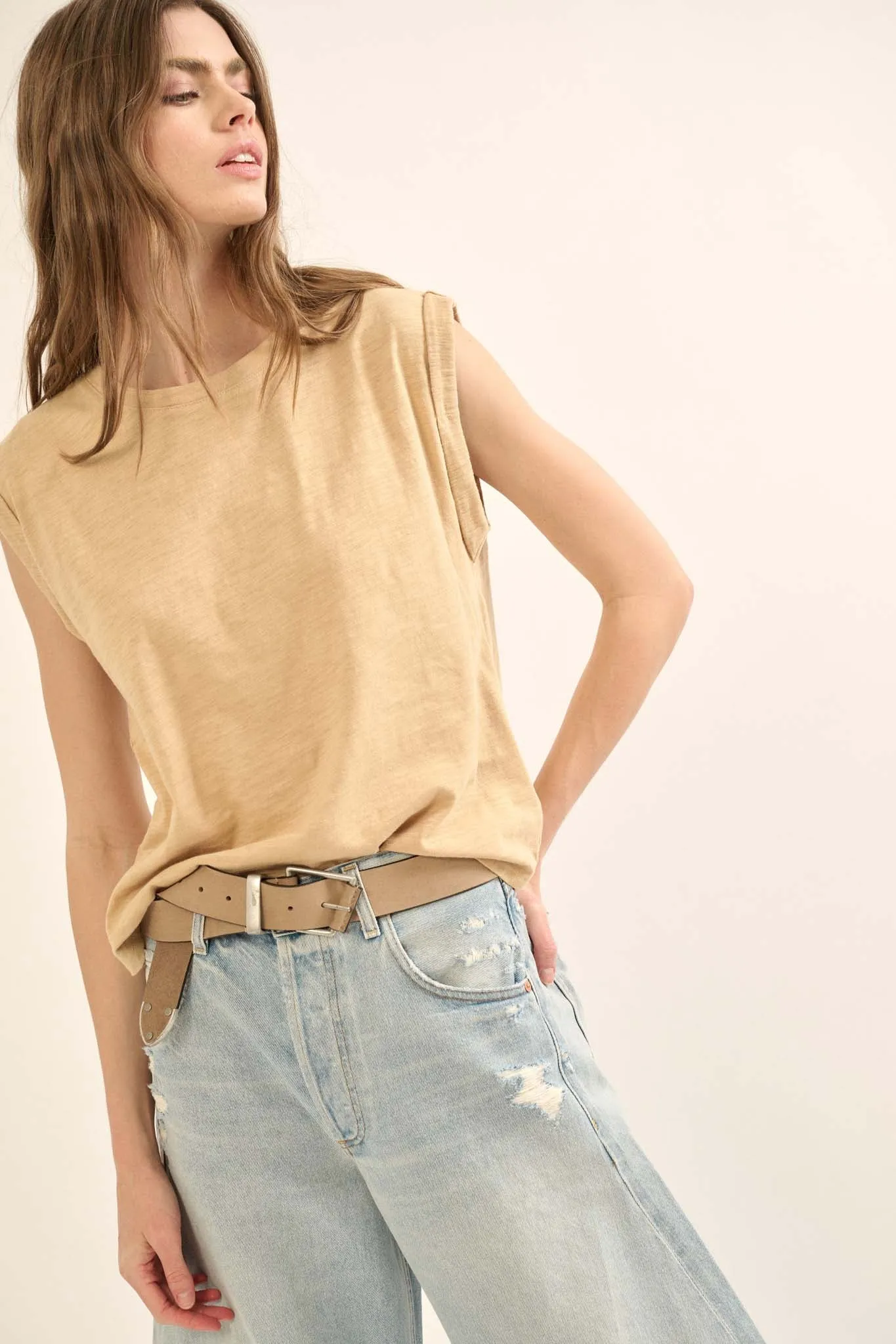 Easy Fit Vintage-Wash Slub Cotton Sleeveless Tee
