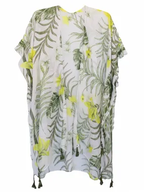 Green & Yellow Tropical Palms Print Kimono Style Beach Cover Up