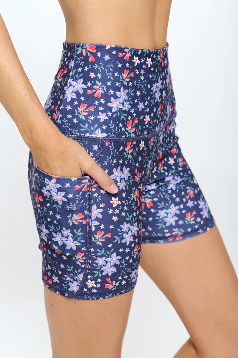 Mia Shorts - Navy Purple Flower w Pockets 5" (High-Waist) - LIMITED EDITION