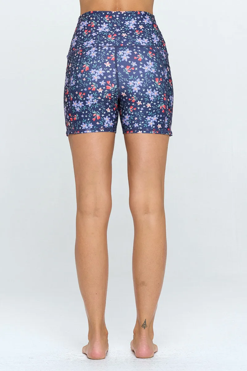 Mia Shorts - Navy Purple Flower w Pockets 5" (High-Waist) - LIMITED EDITION