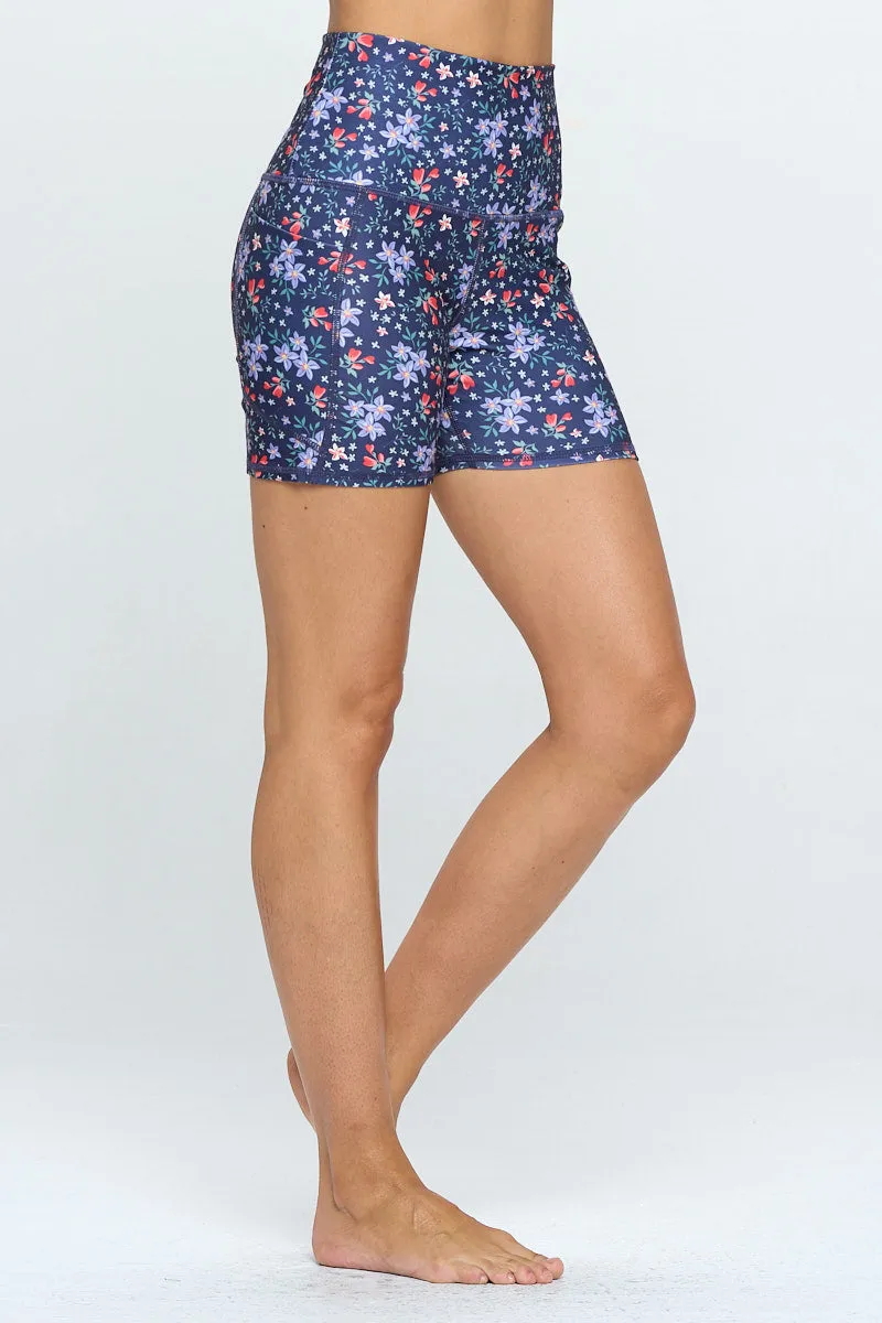 Mia Shorts - Navy Purple Flower w Pockets 5" (High-Waist) - LIMITED EDITION